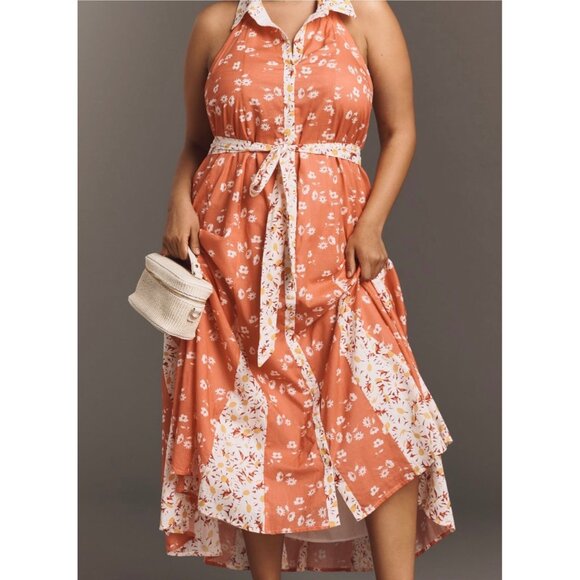 Maeve Anthropologie Halter Open-Back Godet Midi Shirt Dress Orange Floral Size L - Picture 6 of 8